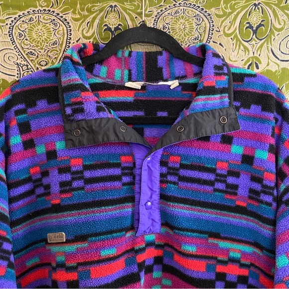 Vtg 80's Columbia Aztec Print Radial Sleeve 1/4 Snap Fleece Jacket Size L - HOLE - Picture 2 of 16